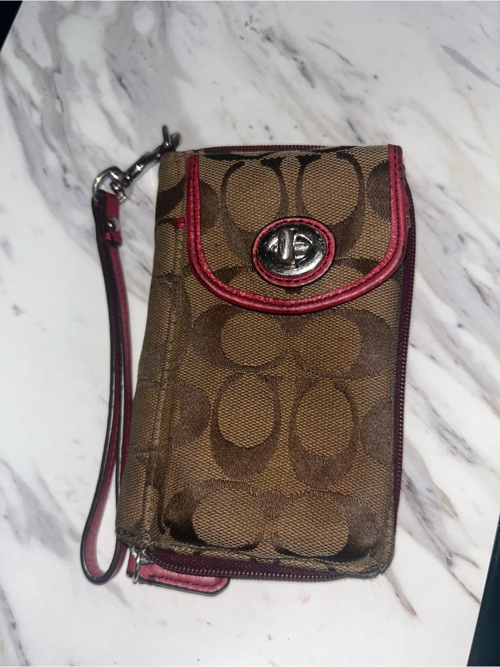Coach Brown Signature Canvas Wristlet with Pink Trim